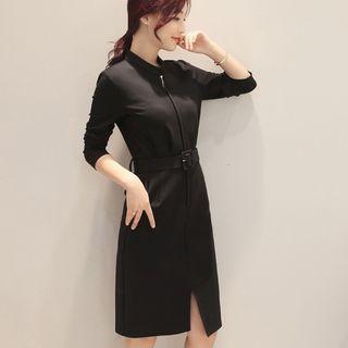 Long-sleeve Belted Slit Dress