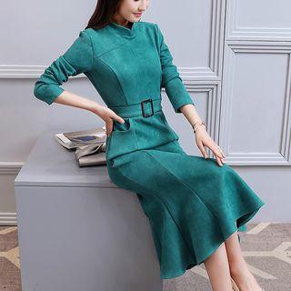 Mandarin Collar Faux Suede Long-sleeve Midi Dress
