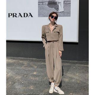 Long-sleeve Plain Cropped Blazer / Jogger Pants