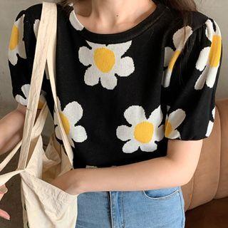 Short-sleeve Jacquard Knit Top Black - One Size