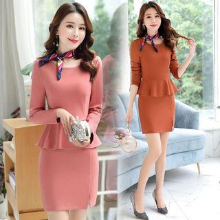 Long-sleeve Crew-neck Mini Peplum Dress
