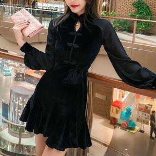 Stand Collar Lantern-sleeve Mini Mermaid Dress