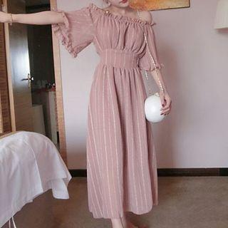 Frill Trim Off Shoulder Elbow Sleeve Maxi Dress
