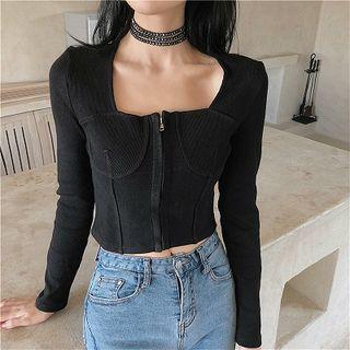 Long-sleeve Square-neck Zip Top