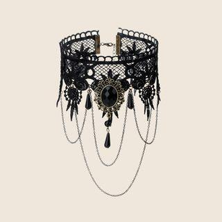 Chained Rhinestone Lace Choker 1 Pc - Black - One Size