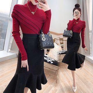 Set: Turtleneck Knit Top + Midi Mermaid Skirt
