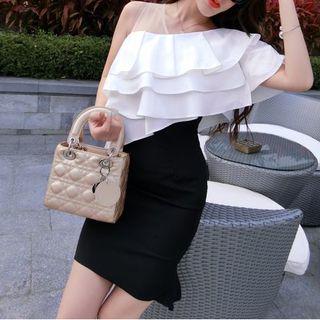 Sleeveless Color Panel One Shoulder Sheath Dress