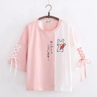 Rabbit Print Lace-up Color-block Tee