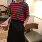 Striped Short-sleeve T-shirt / High Waist Midi A-line Skirt