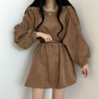 Set: Puff-sleeve Mini Shift Dress + Faux Leather Belt