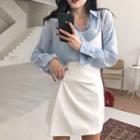 Lace Long-sleeve Blouse / Plain High-waist Skirt