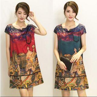 Printed Split Neck Short Sleeve Dress