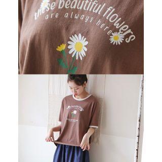 Contrast-trim Printed T-shirt Brown - One Size