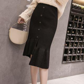 Buttoned Ruffle Hem Rib Knit Skirt