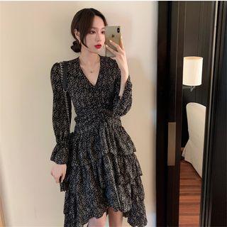 Irregular Floral V-neck Long-sleeve Dress