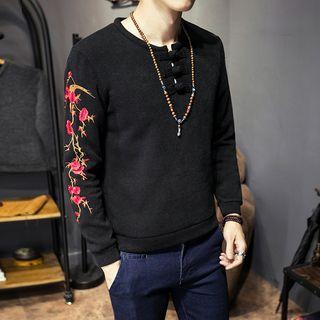Rose Embroidered Frog-button Detail Knit Sweatshirt