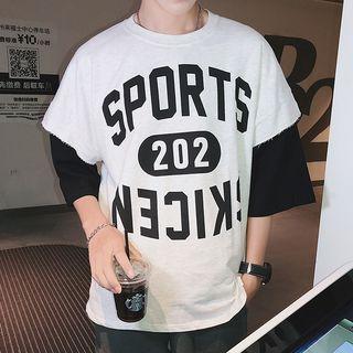 Mock Two-piece Lettering Elbow-sleeve T-shirt