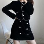 Set: Faux Pearl Button Jacket + Mini A-line Skirt