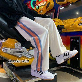 Side-button Color Block Striped Straight-leg Sweatpants
