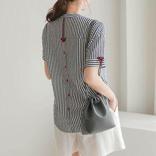 Open-placket Contrast-trim Striped Shirt