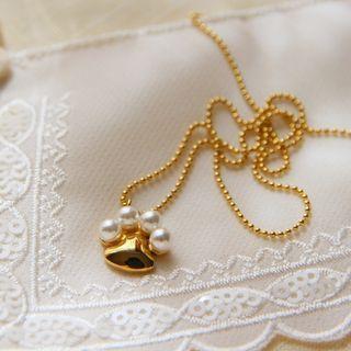 Cat Paw Faux Pearl Pendant Stainless Steel Necklace Gold - One Size