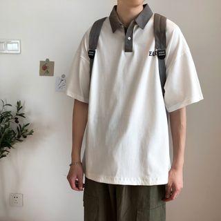 Elbow-sleeve Printed Contrast Trim Polo Shirt