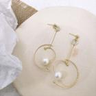 Rhinestone Faux Pearl Geometric Drop Earring White Bead - Gold - One Size