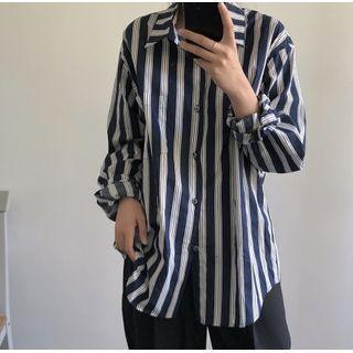 Long Sleeve Collared Striped Shirt Blue - One Size