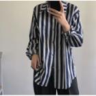 Long Sleeve Collared Striped Shirt Blue - One Size