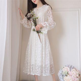 Long-sleeve Lace A-line Midi Dress White - One Size