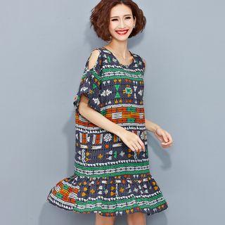 Cutout-shoulder Patterned Chiffon Dress