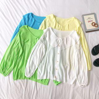 Plain Collared Long-sleeve Lightweight Knit Cardigan