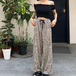 Off-shoulder Crop Top / Drawstring Leopard Print Wide-leg Pants