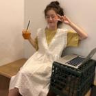 Set: Short-sleeve T-shirt + Perforated Midi Pinafore Dress Yellow - One Size