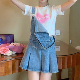 Short-sleeve Lettering T-shirt / Denim Mini Overall Dress