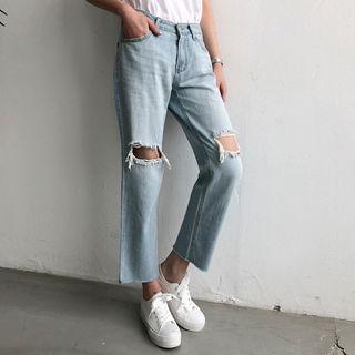 Cutout-detail Washed Straight-cut Jeans