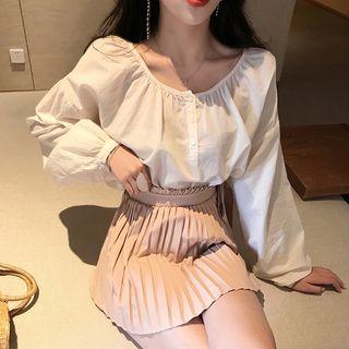 Crew Neck Long-sleeve Blouse / High-waist A-line Skirt
