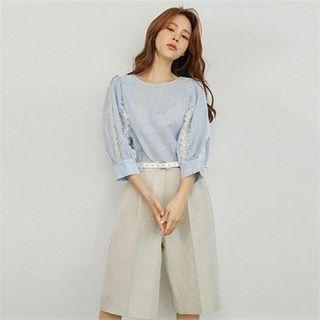 Balloon-sleeve Lace-trim Stripe Blouse