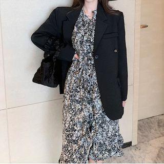 Plain Blazer / Floral Print Long-sleeve Midi A-line Dress