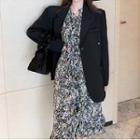 Plain Blazer / Floral Print Long-sleeve Midi A-line Dress