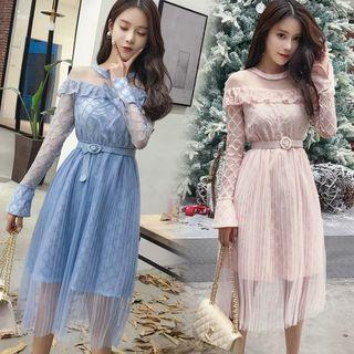 Ruffle Trim Mesh Long-sleeve Midi A-line Dress