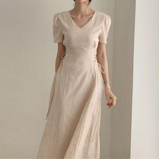 Short-sleeve V-neck Drawstring High-waist Dress