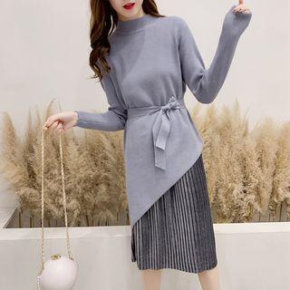 Set: Mock-neck Long Sweater + H-line Knit Skirt