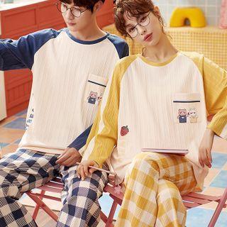 Couple Loungewear Set : Long-sleeve Animal Print Top + Plaid Pants