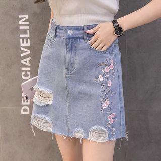 Flower Embroidered Distressed Denim A-line Skirt
