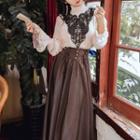 Long-sleeve Mock-neck Lace Panel Blouse / Maxi A-line Skirt / Set
