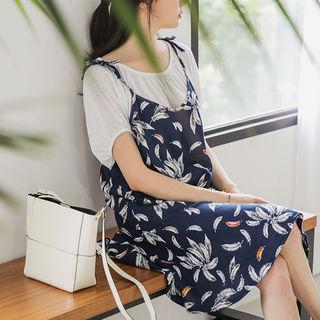 Set: Spaghetti-strap Printed Dress + Round-neck Shirred T-shirt