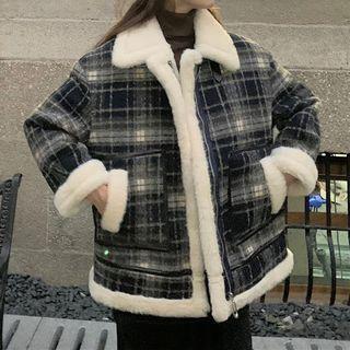Oversized Fleece Plaid Long-sleeve Jacket Black & White - One Size