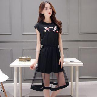 Mesh-overlay Printed T-shirt Dress
