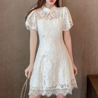 Mandarin Collar Lace Mini A-line Dress